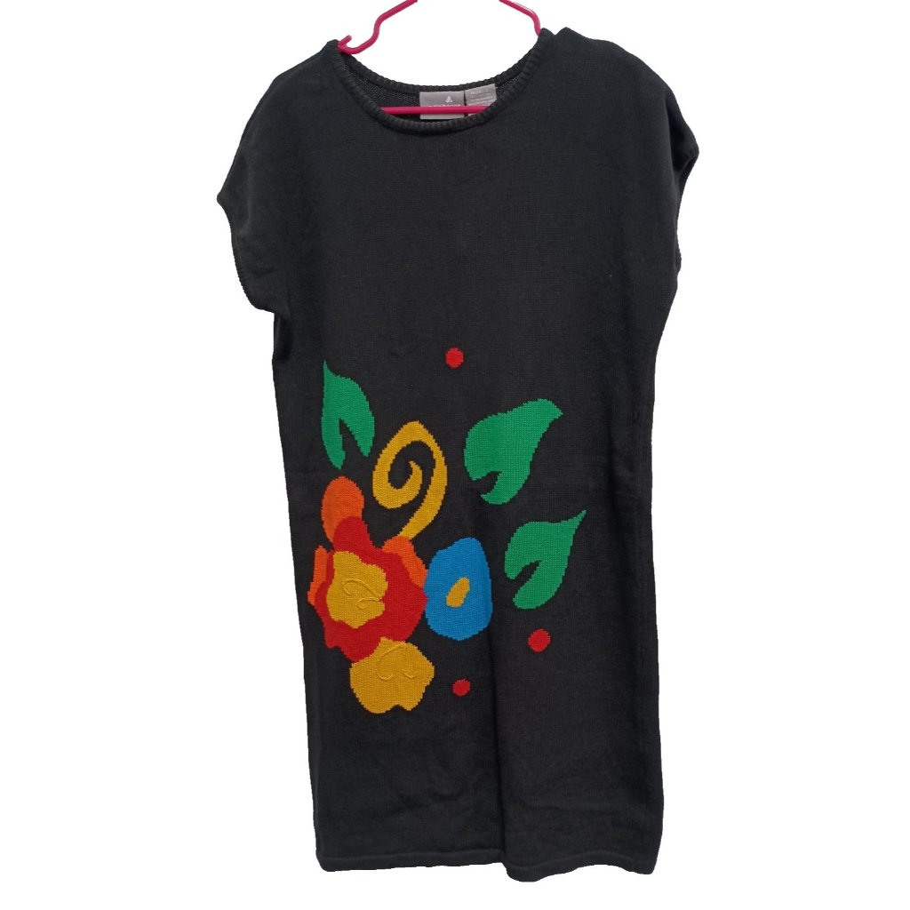 Vintage 90s Liz Claiborne Womens Sweater Dress Large Black Floral Wearable Art